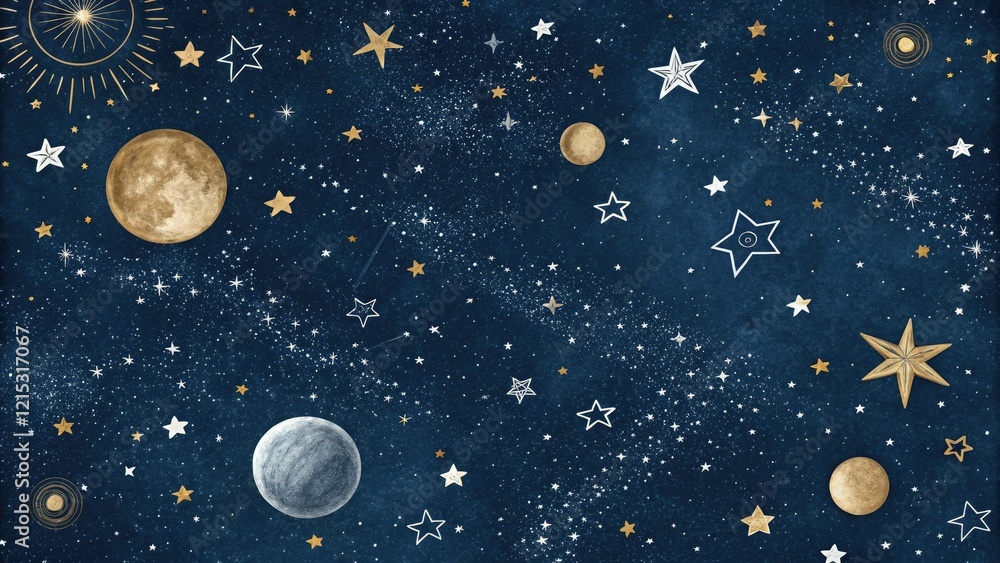 Naklejka premium Dark indigo blue background with scattered stars and celestial bodies in shades of silver and gold, conveying a sense of cosmic wonder, astronomy, magical, ethereal