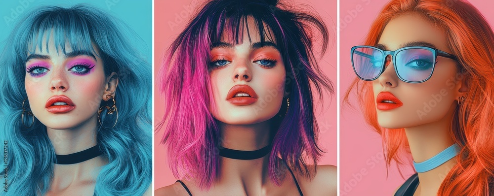 Naklejka premium Portrait photography, fashion models, vibrant hair colors, teal blue, orange, pink hair, striking makeup, bold lipstick, intense gazes, studio lighting, triptych composition, high contrast, dramatic s