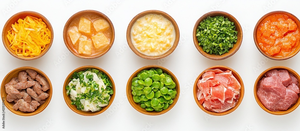 Assorted food ingredients in bowls, overhead view, white background, meal prep Assorted food ingredients in bowls, overhead view, white background, meal prep