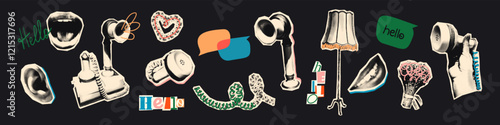 Trendy halftone collage elements set. Paper clipping shapes, old vintage wired phone with coiled cord, hand, ear, mouths, speech bubbles and doodles. Modern retro mixed media vector illustration