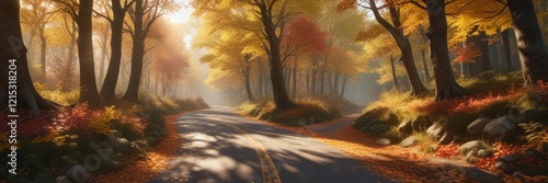 Dense foliage surrounds the winding forest road as sunlight filters through the autumn leaves , natural path, leafy trail