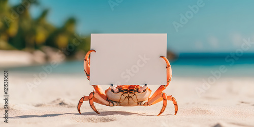 Crab on a tropical beach holding a blank sign. Perfect for summer promotions or travel advertisements.  A fun, quirky image! photo