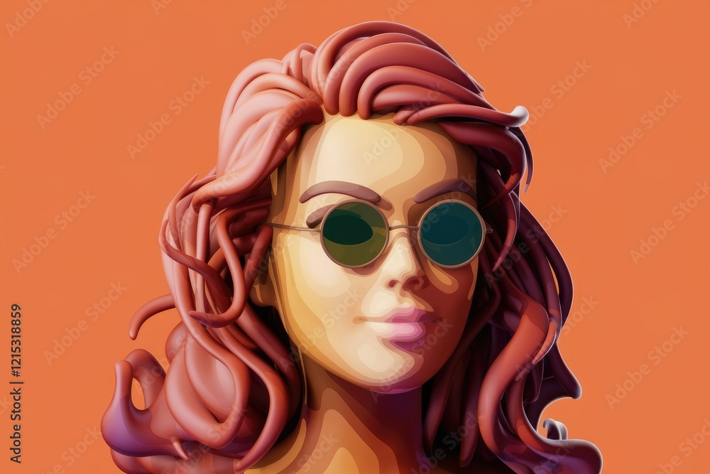 Stylized 3D render of a woman with long, wavy red hair wearing round sunglasses against an orange background. Stylized 3D render of a woman with long, wavy red hair wearing round sunglasses against an orange background.