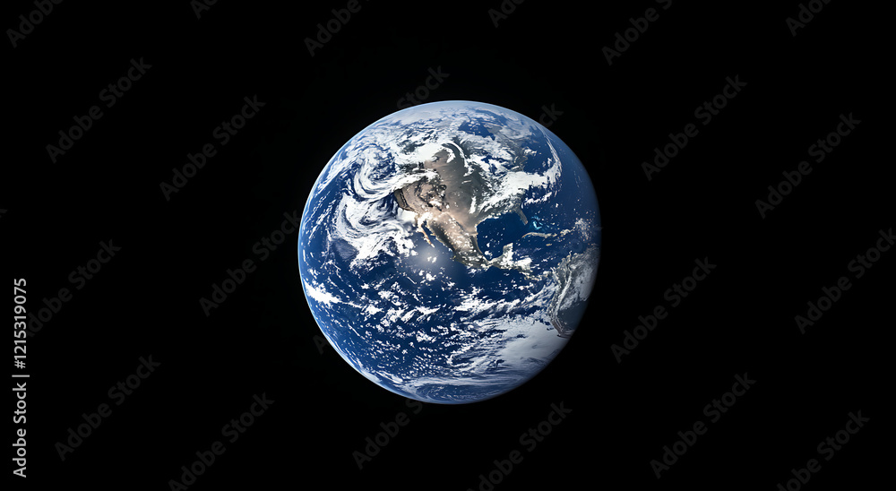 The Earth, a planet with a blue-glowing star, the sun, shining in the dark space background, viewed from above. The Earth, a planet with a blue-glowing star, the sun, shining in the dark space background, viewed from above.