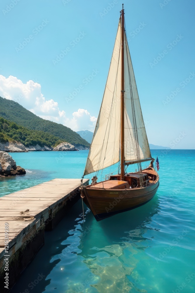 Obraz premium Vintage sailboat gently rocking at weathered dock, vibrant blue sea , boat, nature, beautiful