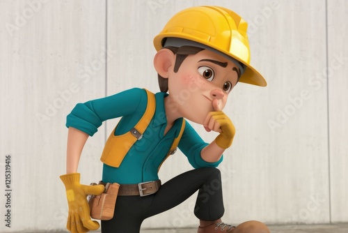 A thoughtful cartoon construction worker, wearing a yellow hard hat and teal shirt, contemplates a project. photo