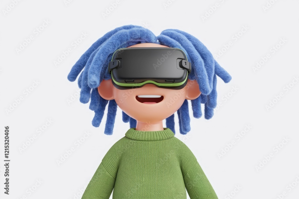 A happy cartoon boy with blue hair enjoys a virtual reality experience wearing VR glasses. A happy cartoon boy with blue hair enjoys a virtual reality experience wearing VR glasses.