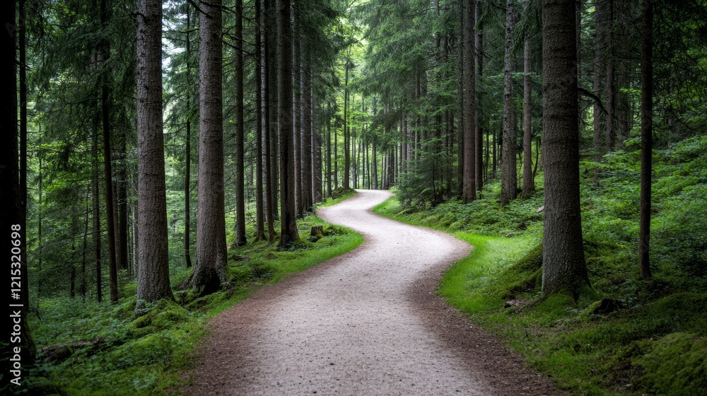 Fototapeta premium A winding path cuts through a majestic forest, urging exploration and adventure under the soft, dappled light streaming through the leaves.