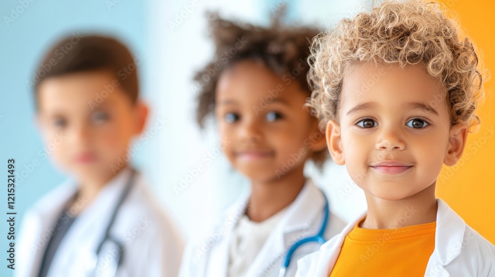 Three smiling children in lab coats, portraying aspiring young doctors, against a colorful background, radiating joy and enthusiasm for healthcare. Three smiling children in lab coats, portraying aspiring young doctors, against a colorful background, radiating joy and enthusiasm for healthcare.