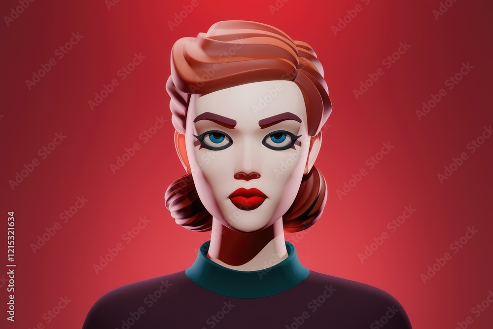 A stylized 3D rendering of a woman with red hair, intense eyes, and a serious expression against a red backdrop. A stylized 3D rendering of a woman with red hair, intense eyes, and a serious expression against a red backdrop.