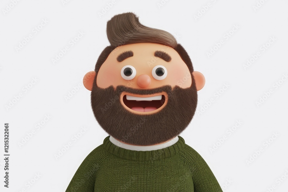 A cheerful cartoon man with a brown beard, wearing a green sweater, smiles broadly. A cheerful cartoon man with a brown beard, wearing a green sweater, smiles broadly.