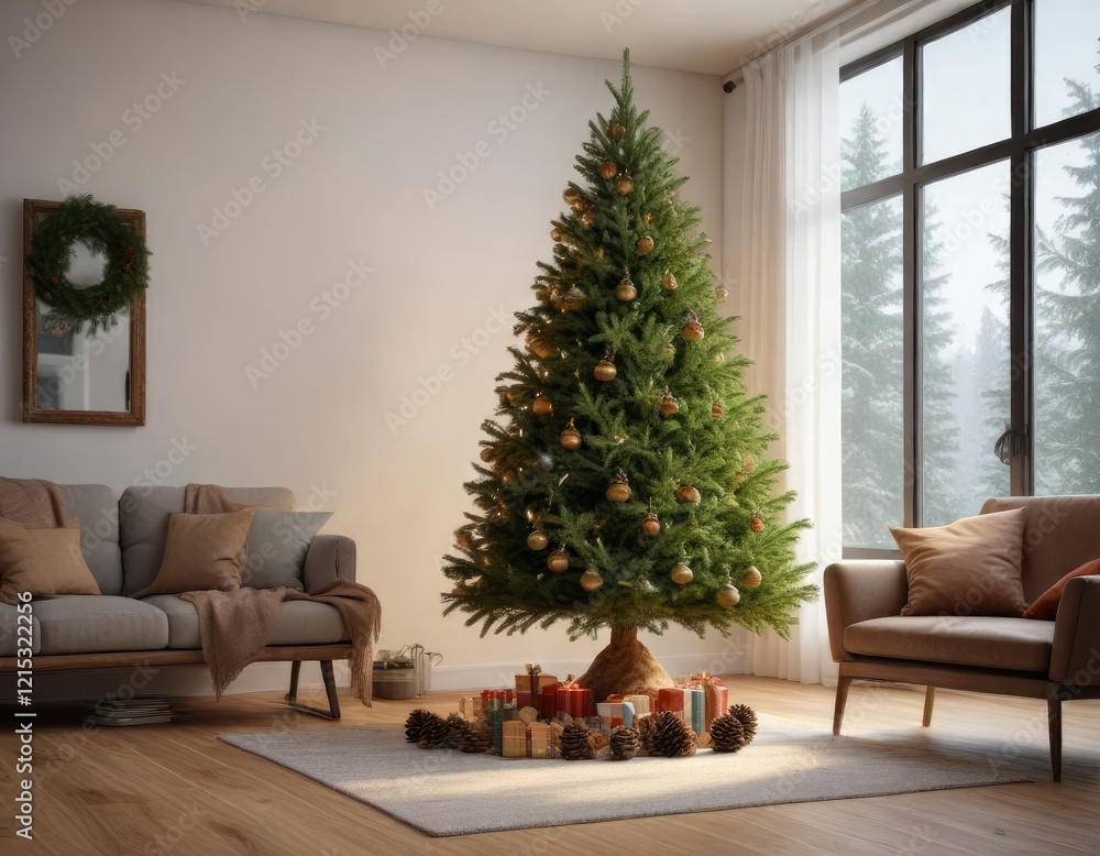 Evergreen Christmas Tree in Living Room with Pine Cones, cozy home decor, natural elements Evergreen Christmas Tree in Living Room with Pine Cones, cozy home decor, natural elements