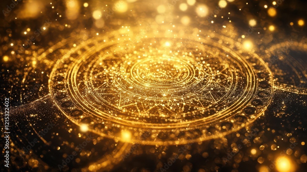 sacred geometry mandala radiating golden light rays intricate patterns merging with floating luminous particles creating dimensional depth sacred geometry mandala radiating golden light rays intricate patterns merging with floating luminous particles creating dimensional depth