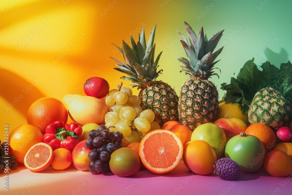 Colorful fruits and vegetables displayed on a vibrant backdrop in the background Colorful fruits and vegetables displayed on a vibrant backdrop in the background