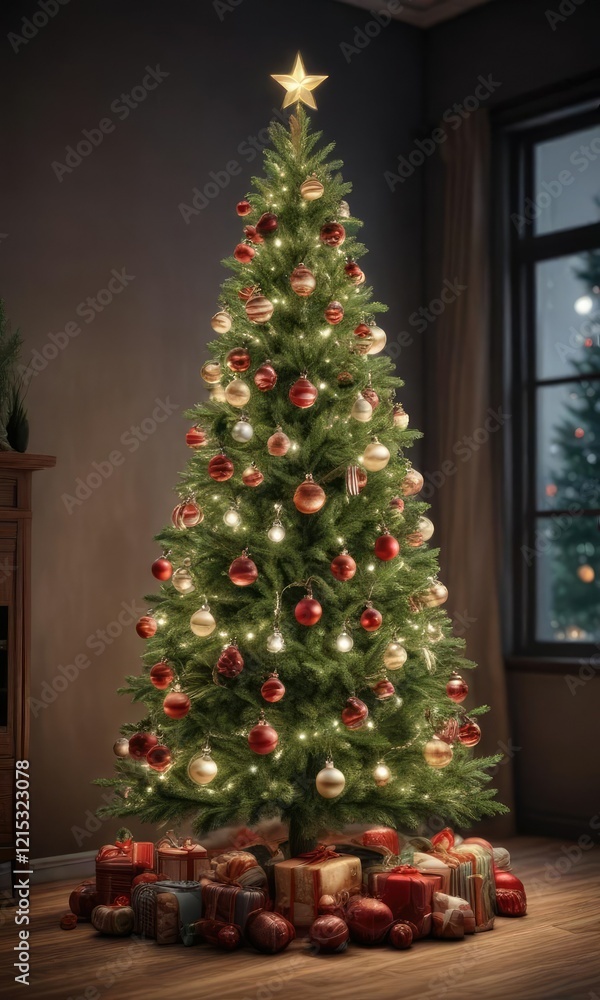 fir Christmas tree decorated with ornaments and lights, holiday decor, festive lighting fir Christmas tree decorated with ornaments and lights, holiday decor, festive lighting