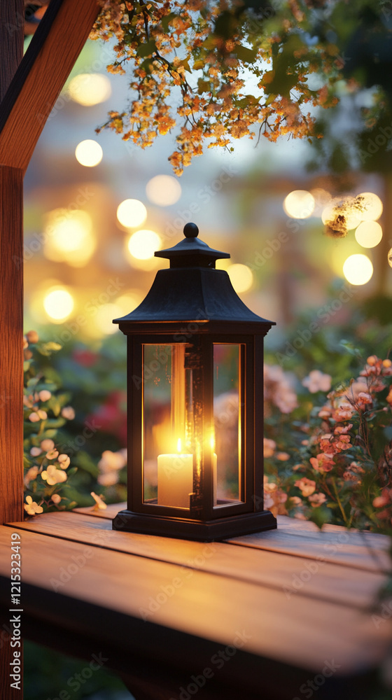 Close-up. Glowing outdoor lantern with warm bokeh lights at dusk. Close-up. Glowing outdoor lantern with warm bokeh lights at dusk.