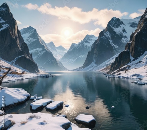 Fjord with snow-covered mountains in the background, fjord, winter scenery, icy landscape photo