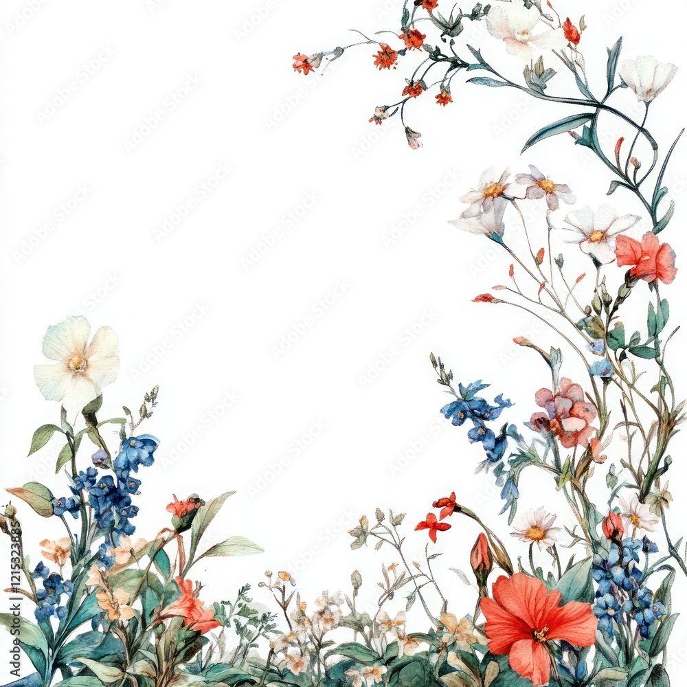Watercolor Painting of Various Flowers and Foliage Watercolor Painting of Various Flowers and Foliage
