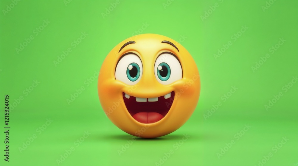 Fototapeta premium Yellow smiling emoji, emoticon with happy expression on bright green background
