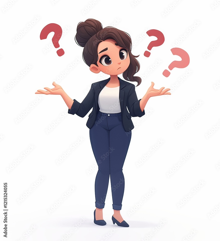 woman in blue pants, black blazer, and white shirt, holding her hands out in question, with floating question marks above her on a pure white background woman in blue pants, black blazer, and white shirt, holding her hands out in question, with floating question marks above her on a pure white background