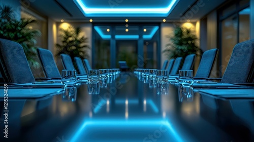 Empty conference room table at night, blue lights, office meeting space