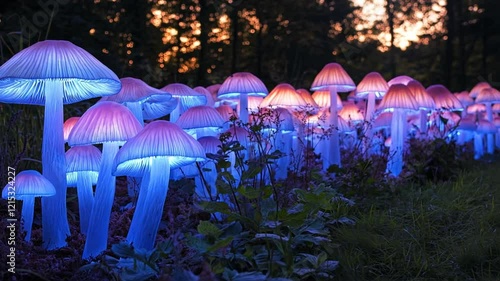 White parasol mushrooms with red spots flourish amidst a bed of green moss in a lush, rain-soaked autumn forest photo