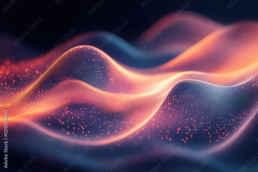 Obraz premium Abstract digital wave, glowing particles forming flowing, dynamic curves in warm colors.