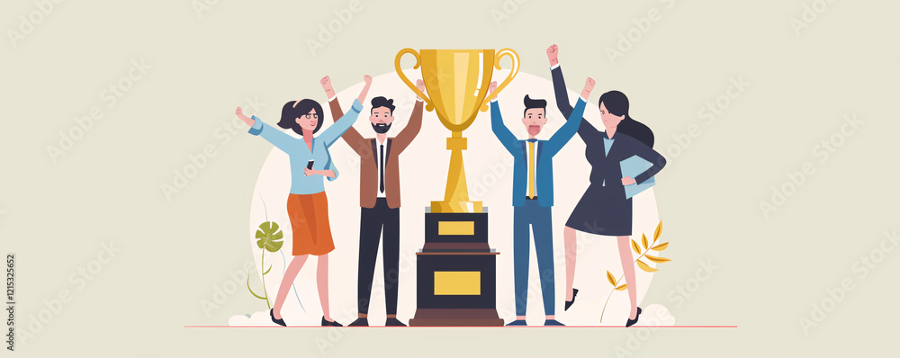 Fototapeta premium Diverse team of professionals is celebrating their achievement holding a big trophy