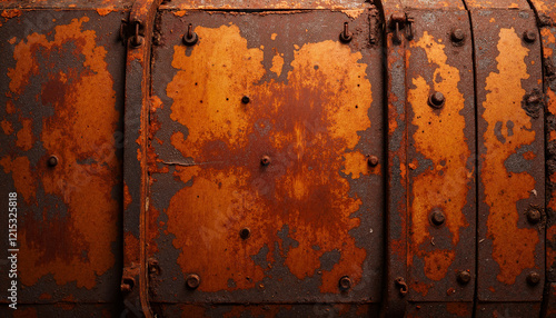 Rusty metal barrel with peeling paint and corroded surface
