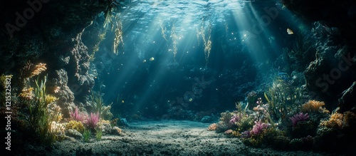 Fototapeta Naklejka Na Ścianę i Meble -  Sunbeams illuminate underwater cave; coral reef background, ocean floor, marine life