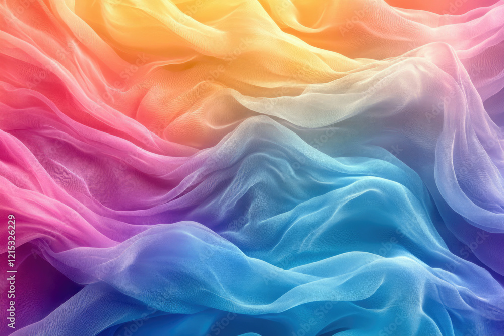 Rainbow-colored sheer fabric with soft, flowing waves, creating a vibrant and dreamy textile background. Rainbow-colored sheer fabric with soft, flowing waves, creating a vibrant and dreamy textile background.