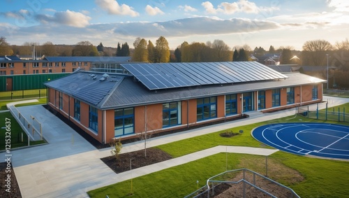 Modern Sports Facility with Solar Panels and Green Spaces