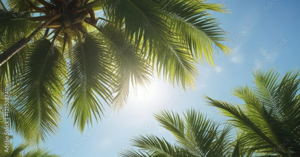 Naklejka premium Coconut leaves rustling softly against the blue sky on a sunny day, gentle breeze, softly swaying leaves,