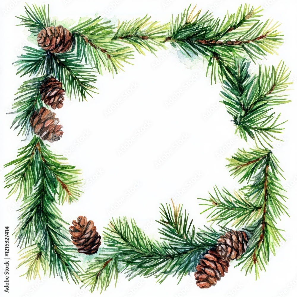 Watercolor Painting of Pine Branches and Cones Frame Watercolor Painting of Pine Branches and Cones Frame