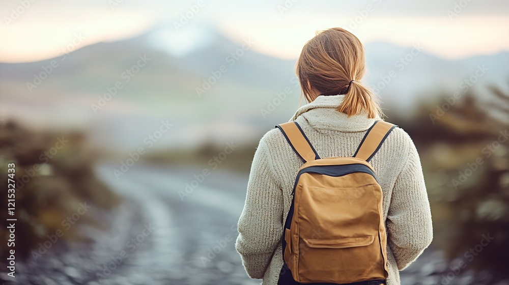 Fototapeta premium Adventurous Woman Walking on Rural Pathway in Autumn : Generative AI