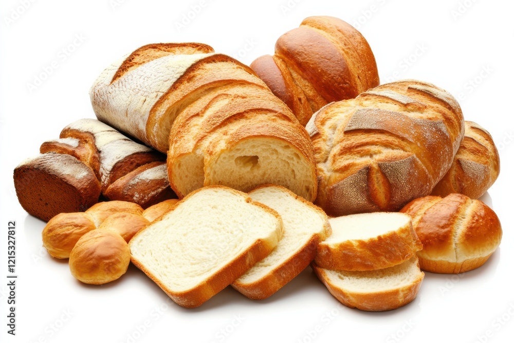 Freshly baked assortment of artisanal breads showcasing texture and variety on a clean surface Freshly baked assortment of artisanal breads showcasing texture and variety on a clean surface