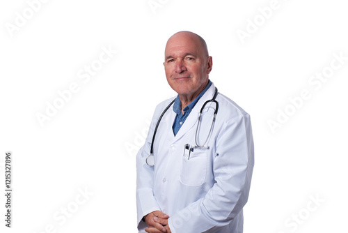 A male doctor wearing a white coat and stethoscope stands confidently with hands clasped. His warm smile and approachable demeanor convey professionalism and care.