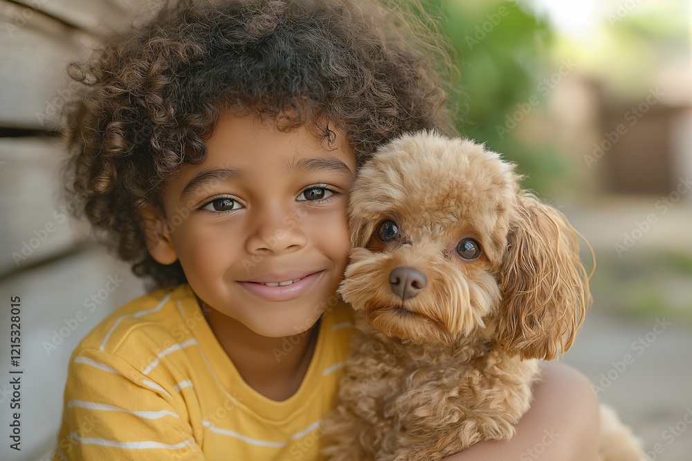 Young african child smiling with curly hair embracing cute brown dog outdoors Young african child smiling with curly hair embracing cute brown dog outdoors