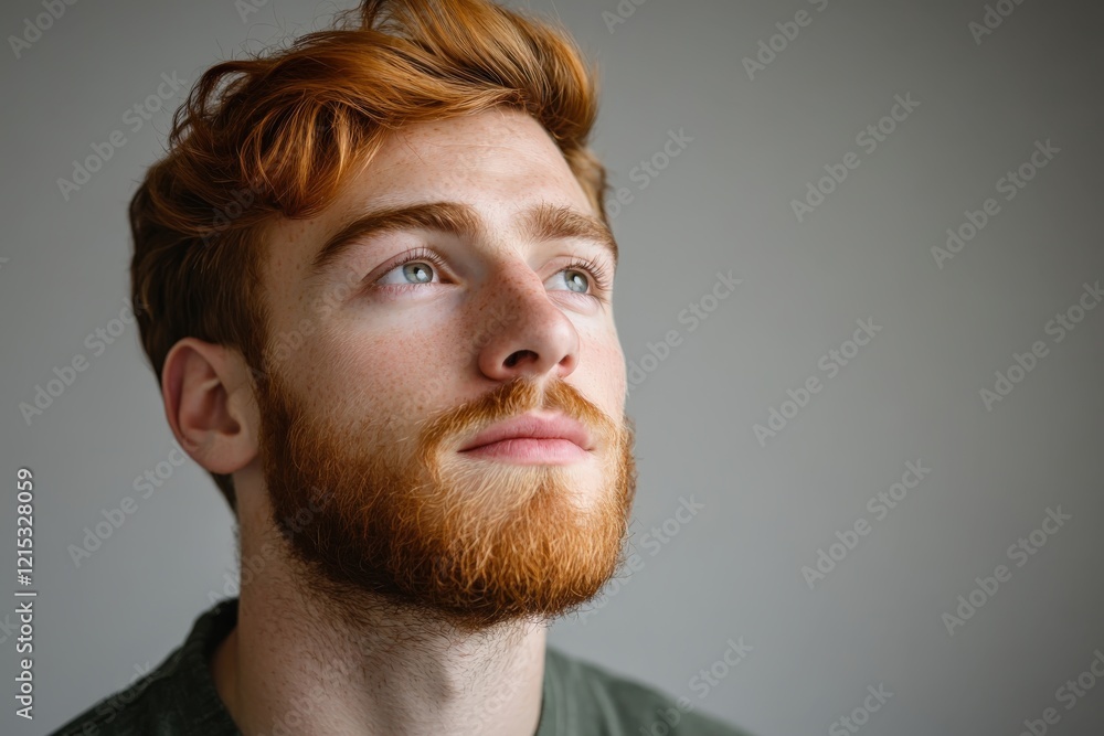 Fototapeta premium Thoughtful Young Man with Red Hair and Beard Gazing Upwards in Natural Light