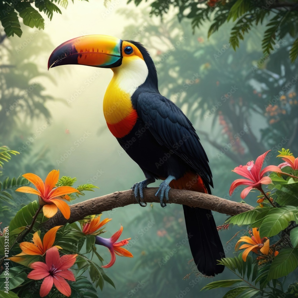 Colorful toucan bird in tree top with leaves and flowers, birdsong, forest canopy Colorful toucan bird in tree top with leaves and flowers, birdsong, forest canopy