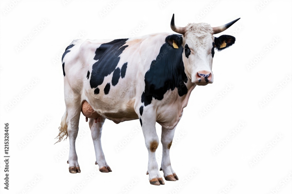 A black and white cow stands against a white background, showcasing its distinct markings and sturdy build. A black and white cow stands against a white background, showcasing its distinct markings and sturdy build.