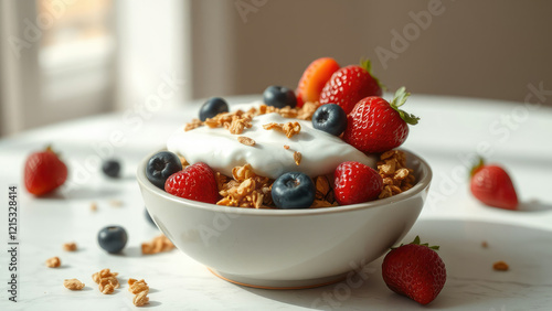 Fresh ripe berries combined with granola and yogurt in a stylish ceramic bowl, dairy-free, morning photo