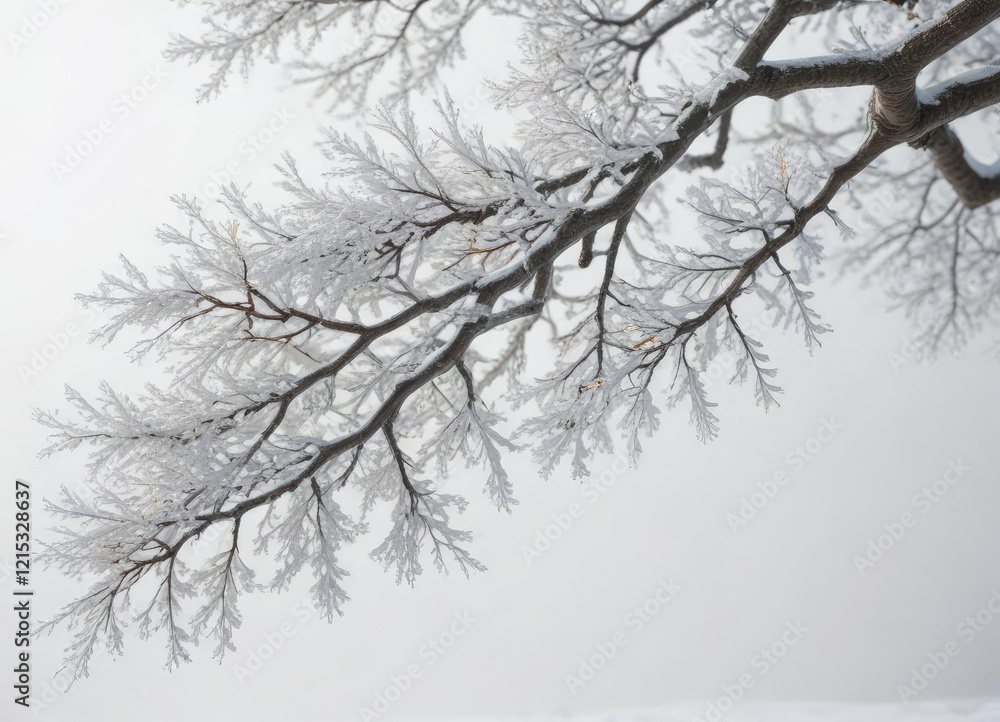 Frost-covered branches of a tree against a white backdrop, stillness, branches Frost-covered branches of a tree against a white backdrop, stillness, branches