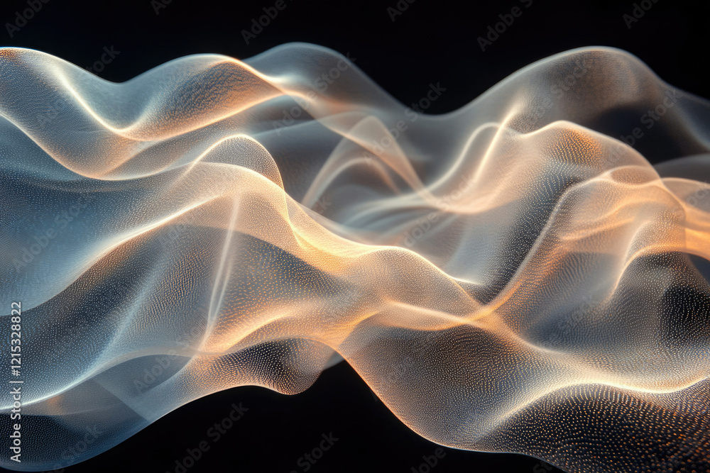 Abstract flowing wave of light particles, glowing with golden hues against a dark background. Abstract flowing wave of light particles, glowing with golden hues against a dark background.