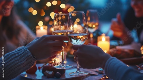 A heartwarming scene as friends toast sparkling wine glasses under twinkling lights, encapsulating the essence of celebration and friendship during a festive evening.