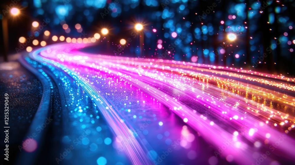 Night road illuminated with vibrant colorful lights Night road illuminated with vibrant colorful lights