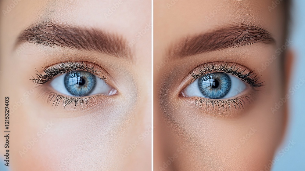 Fototapeta premium Before & After Eye Makeup Transformation, Studio Shot, Blue Eyes, Skincare