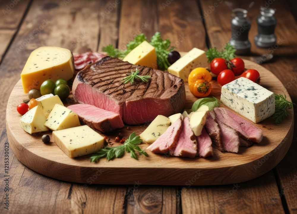 Cut steak served with a selection of artisanal cheeses and garnishes on a rustic wooden board, board, cut steak Cut steak served with a selection of artisanal cheeses and garnishes on a rustic wooden board, board, cut steak