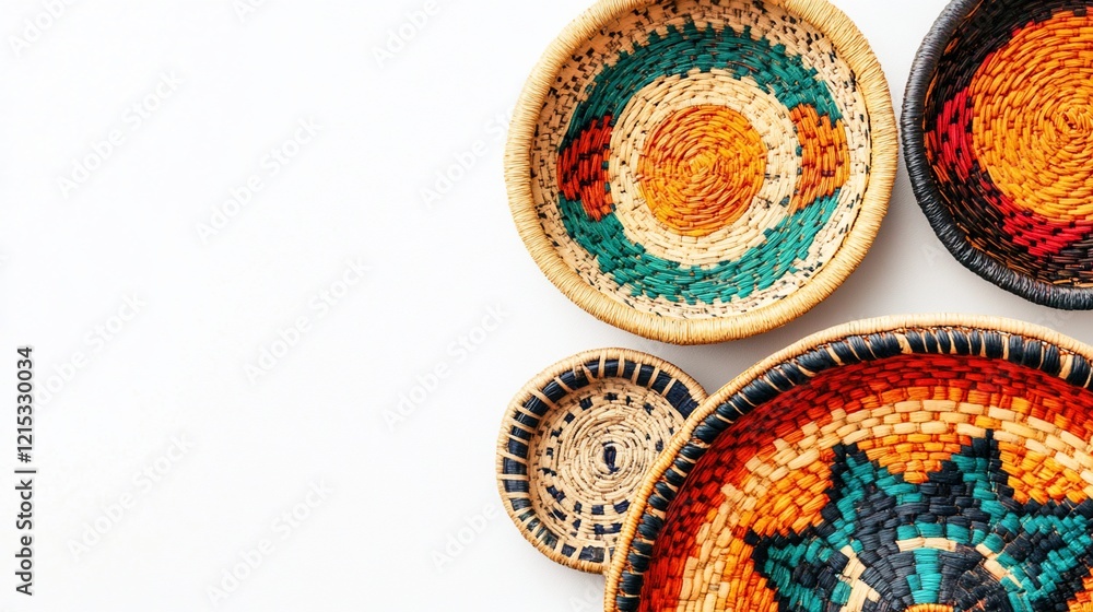 Colorful woven baskets on white background, studio shot, craft, home decor Colorful woven baskets on white background, studio shot, craft, home decor