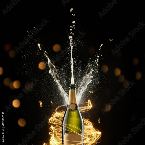 Champagne bottle explosion, golden bokeh lights, celebratory atmosphere, dark background, high-speed photography, sparkling wine spray, cork popping, festive mood, luxury beverage, party scene, dynami photo